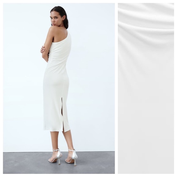 NWT. Zara White Knit Fabric Midi Dress with Asymmetric Neckline. Size XL - Picture 4 of 10